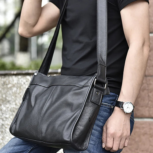 Men's Casual Shoulder Bag Genuine Leather Crossbody Bags Cow Leather Bag Business Messenger Bag Horizontal Large-Capacity